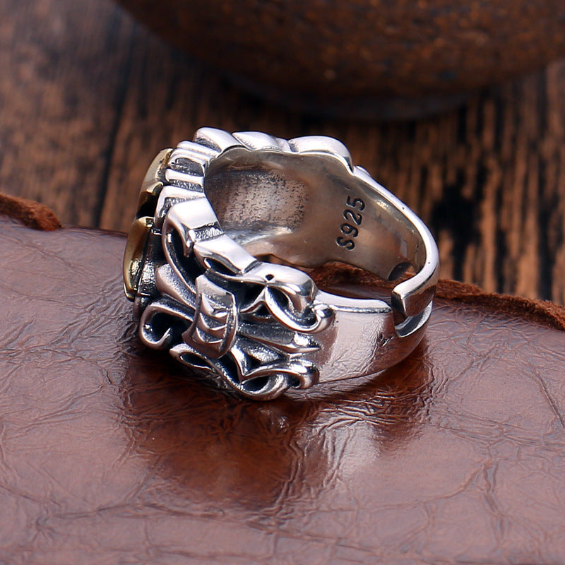 Wholesale Vintage 925 silver cross men's ring male open mouth personality fashion trend adjustable